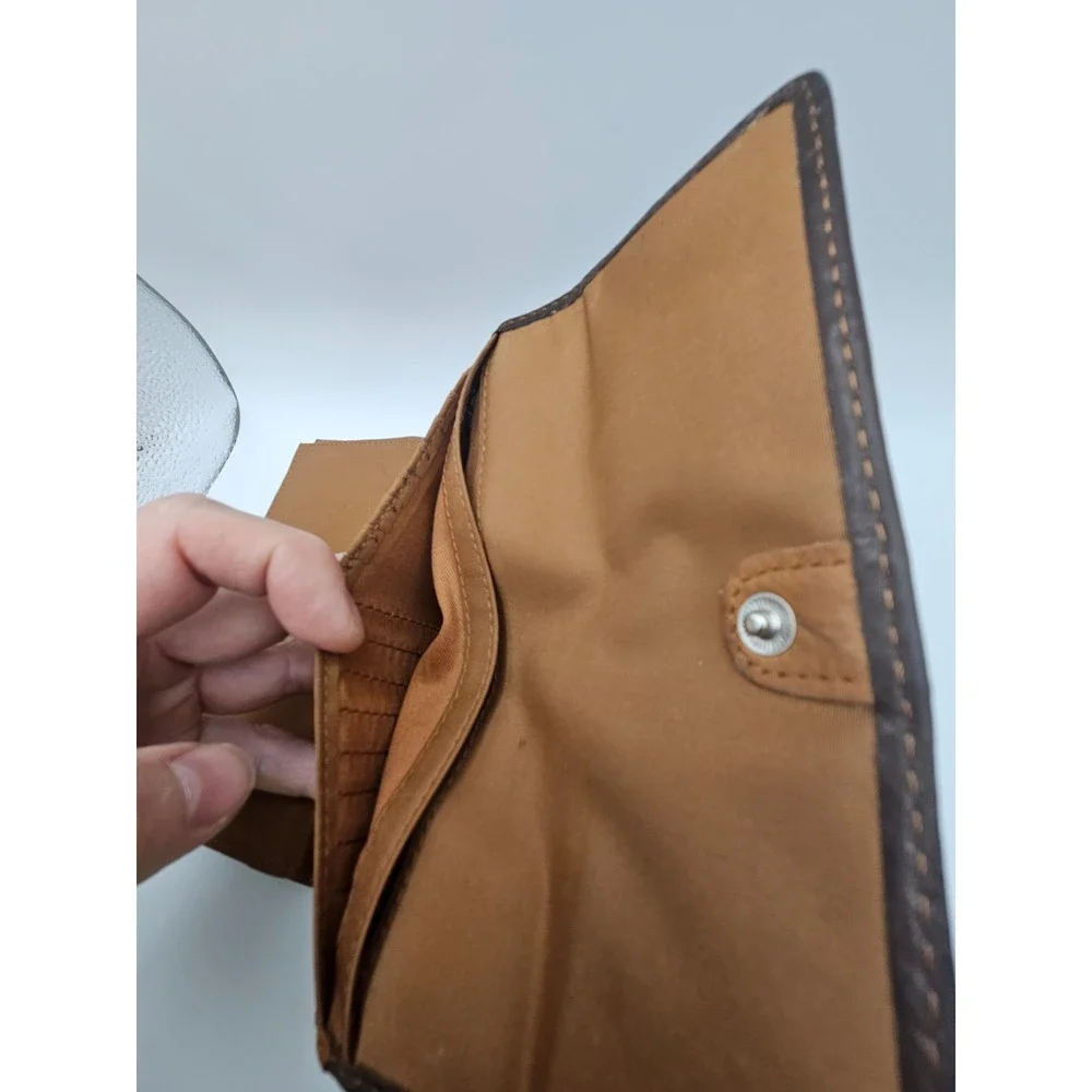 Fossil Brown Leather Patchwork Floral Tri-Fold Wallet with Zipper Pocket